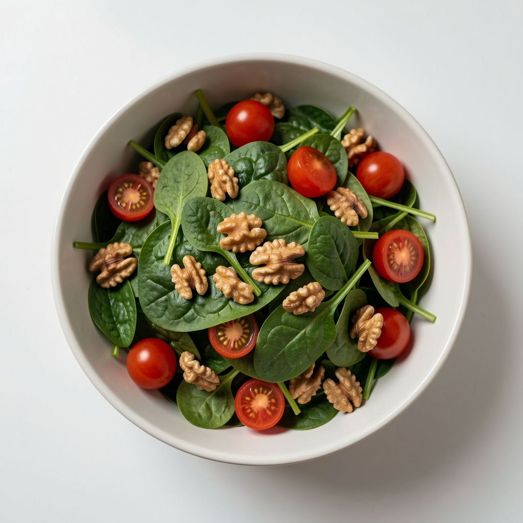 Schüssel mit frischem Spinat, Walnüssen und Kirschtomaten auf hellem Untergrund, Draufsicht, natürliches Licht